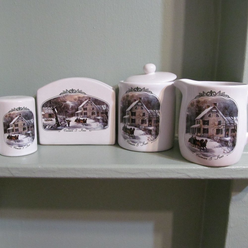 Currier & Ives 5 pc Stoneware Table Top Set American Homestead Winter MCNY